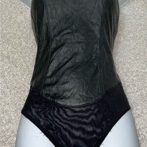 Free People Womens S Bodysuit Sleeveless Mesh Back Leather Look